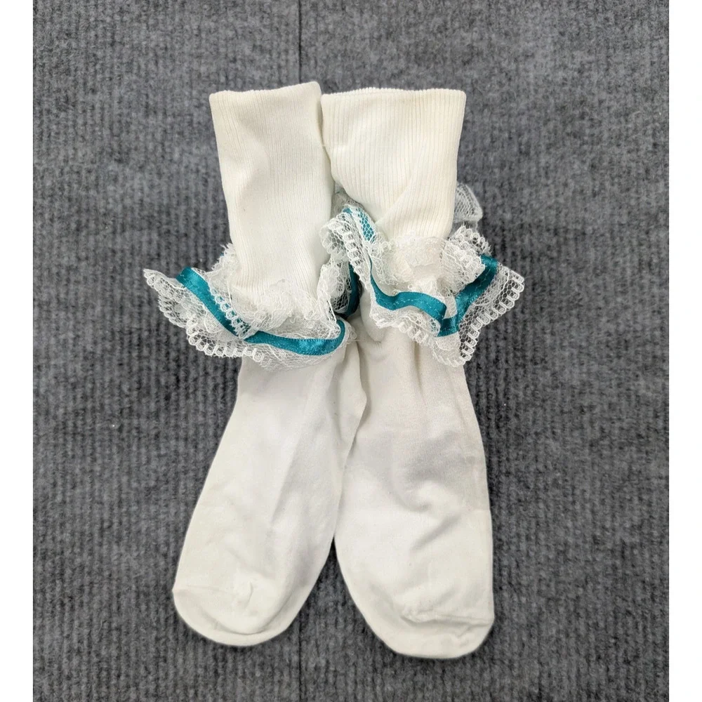 Vintage Nylon Ankle Socks Womens 8-9.5 Coquette Ruffle Event Lace 90s Dainty